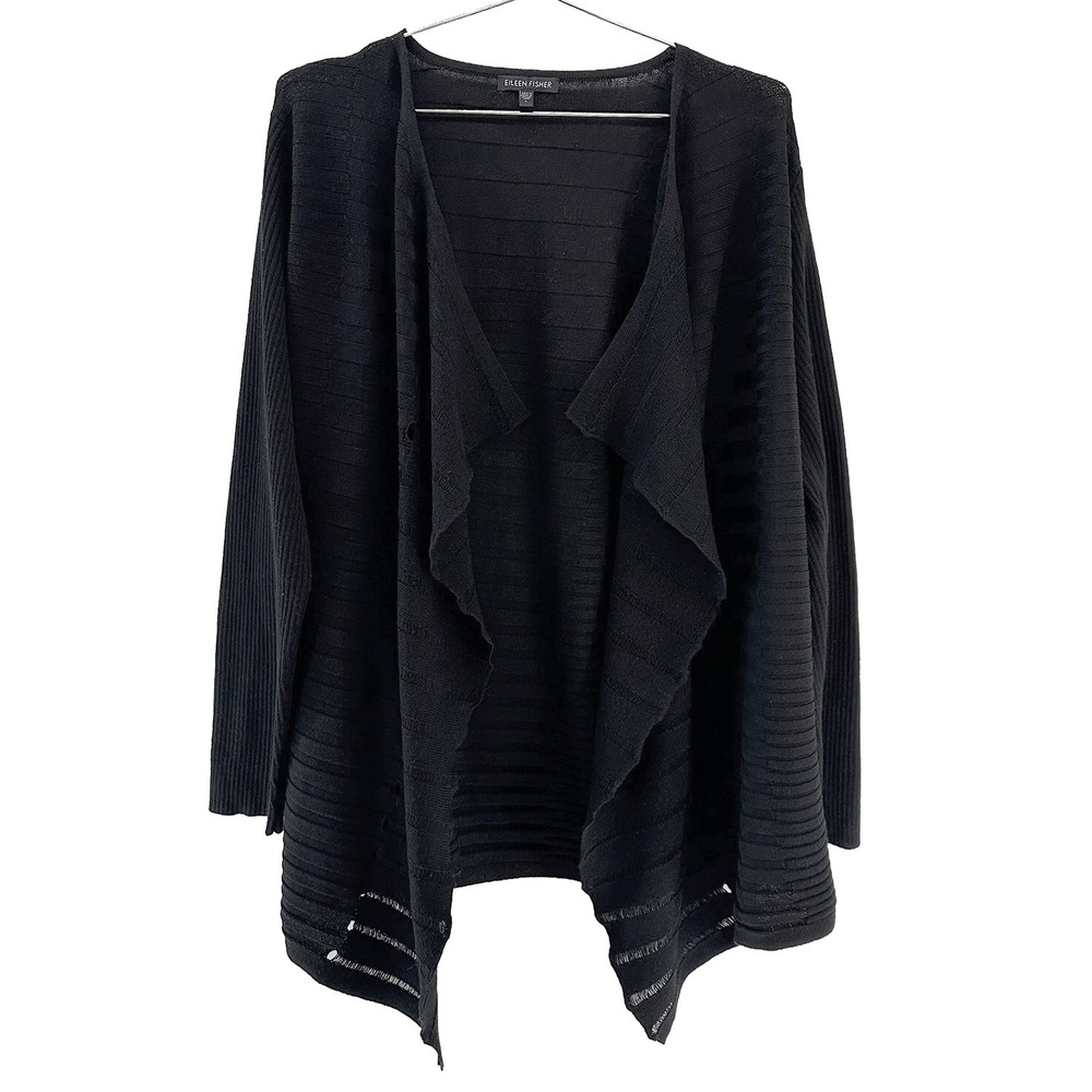 EILEEN FISHER 100% Merino Wool Open Knit Open Front Cardigan • Large • black - Picture 9 of 9